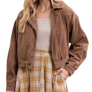 NEW MINE Brown Corduroy Crop Moto Jacket Size Small